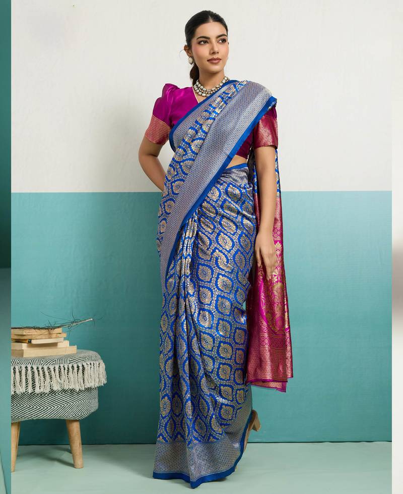 Magenta banarasi art silk blend zari woven saree with unstitched blouse piece