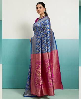 Magenta banarasi silk blend zari woven saree with unstitched blouse piece 2
