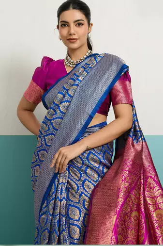 Magenta banarasi art silk blend zari woven saree with unstitched blouse piece
