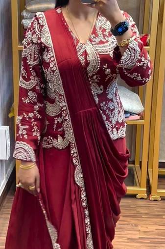maroon embroidery chinon silk ready to wear saree