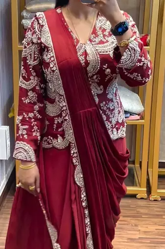maroon embroidery chinon silk ready to wear saree