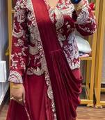 maroon embroidery chinon silk ready to wear saree