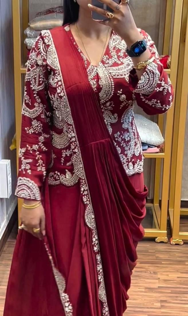 maroon embroidery chinon silk ready to wear saree