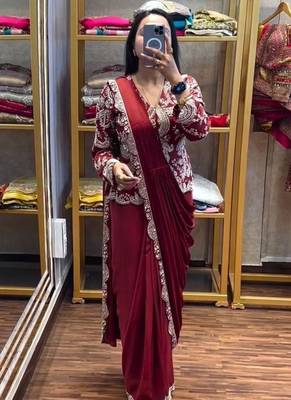 maroon embroidery chinon silk ready made saree 2