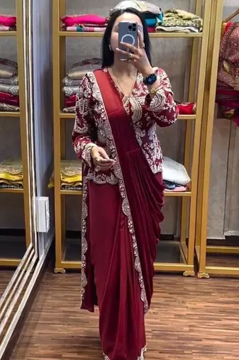 maroon embroidery chinon silk ready made saree