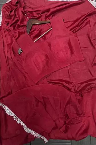 maroon embroidery chinon silk ready made saree
