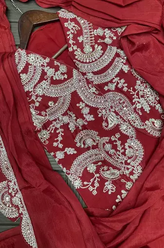 maroon embroidery chinon silk ready made saree