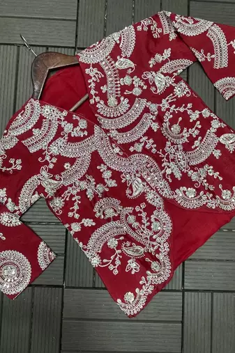 maroon embroidery chinon silk ready made saree
