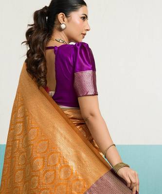 Mustard banarasi silk blend zari woven saree with unstitched blouse piece 2