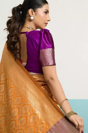 Mustard banarasi art silk blend zari woven saree with unstitched blouse piece