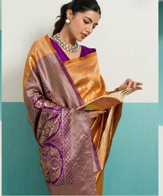 Mustard banarasi silk blend zari woven saree with unstitched blouse piece 3
