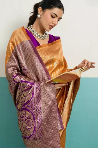 Mustard banarasi art silk blend zari woven saree with unstitched blouse piece