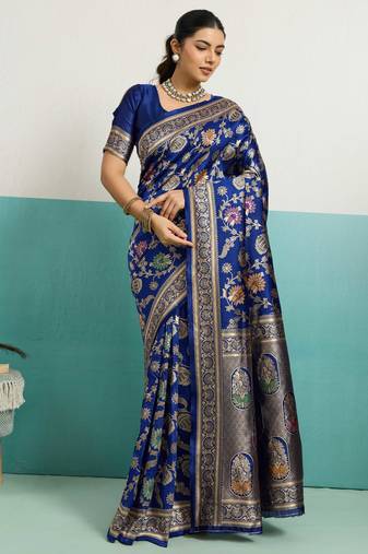 Navy blue banarasi art silk blend zari woven saree with unstitched blouse piece