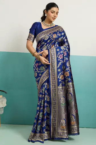 Navy blue banarasi art silk blend zari woven saree with unstitched blouse piece