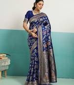 Navy blue banarasi art silk blend zari woven saree with unstitched blouse piece