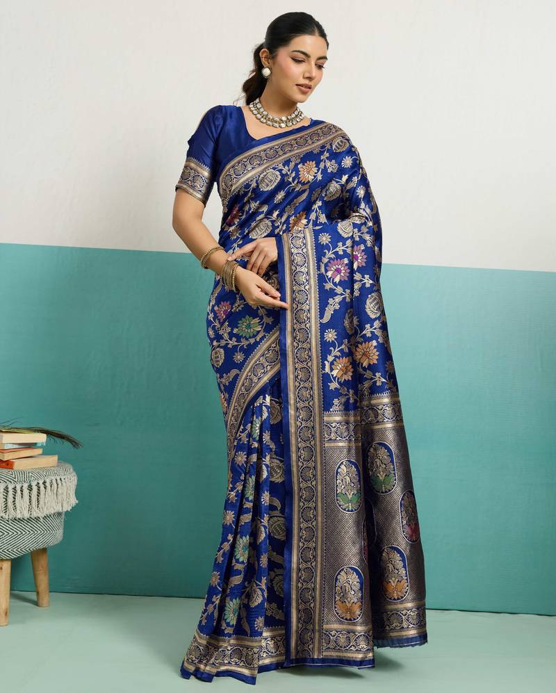 Navy blue banarasi art silk blend zari woven saree with unstitched blouse piece