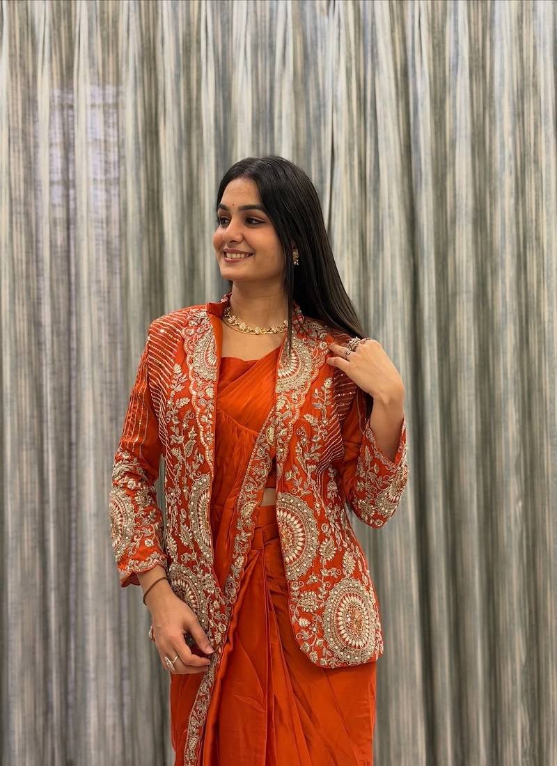 Orange Color Embroidery Work Chinon Silk Ready To Wear Saree