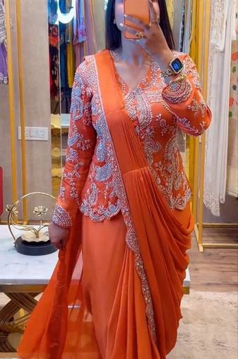 orange embroidery chinon silk ready to wear saree