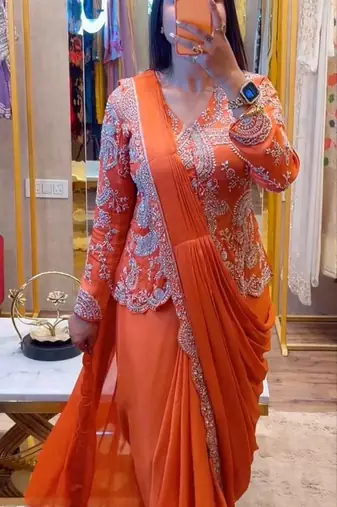 orange embroidery chinon silk ready to wear saree