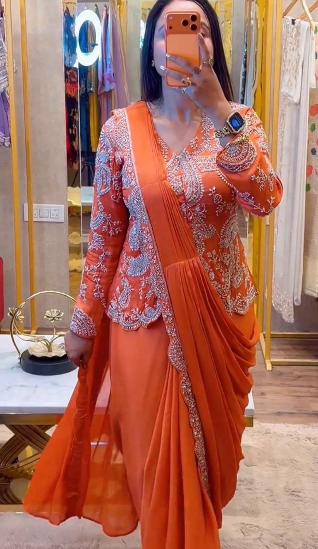 orange embroidery chinon silk ready to wear saree