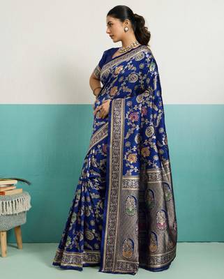 Navy blue banarasi silk blend zari woven saree with unstitched blouse piece 2
