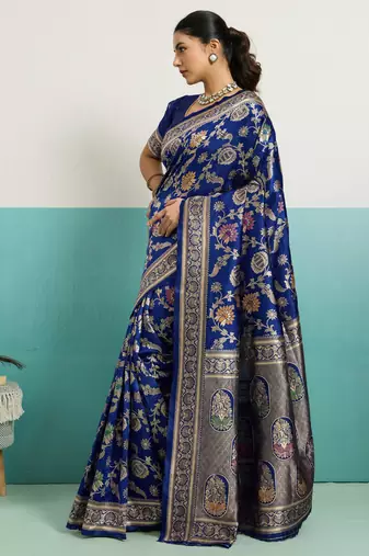 Navy blue banarasi art silk blend zari woven saree with unstitched blouse piece