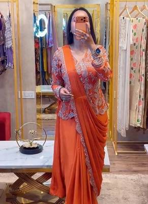 orange embroidery chinon silk pre-stitched saree 2