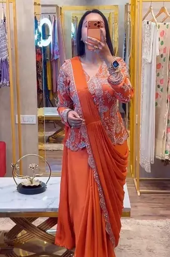 orange embroidery chinon silk pre-stitched saree