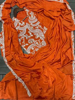 orange embroidery chinon silk pre-stitched saree 4