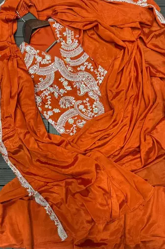 orange embroidery chinon silk pre-stitched saree