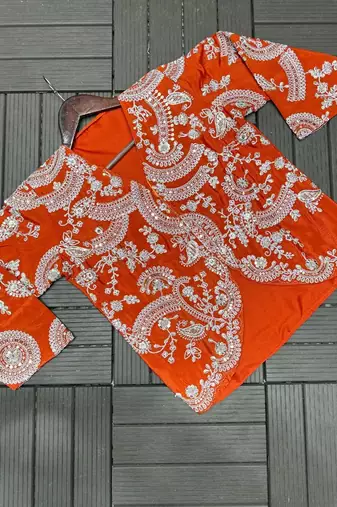 orange embroidery chinon silk pre-stitched saree