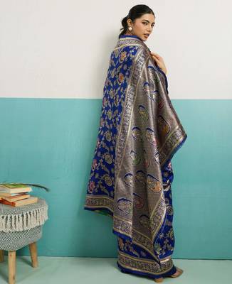 Navy blue banarasi silk blend zari woven saree with unstitched blouse piece 3