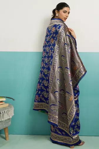 Navy blue banarasi art silk blend zari woven saree with unstitched blouse piece