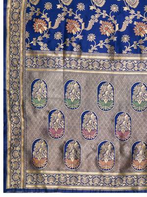 Navy blue banarasi silk blend zari woven saree with unstitched blouse piece 4