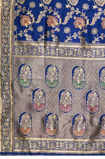 Navy blue banarasi art silk blend zari woven saree with unstitched blouse piece