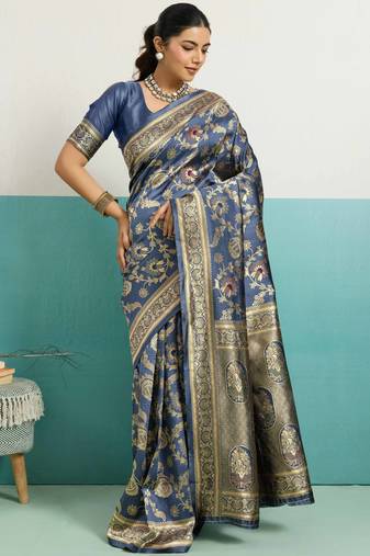 Grey banarasi art silk blend zari woven saree with unstitched blouse piece