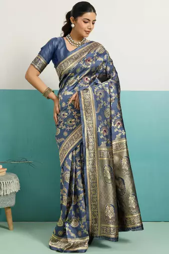 Grey banarasi art silk blend zari woven saree with unstitched blouse piece