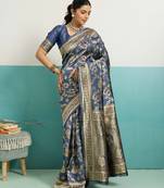 Grey banarasi art silk blend zari woven saree with unstitched blouse piece