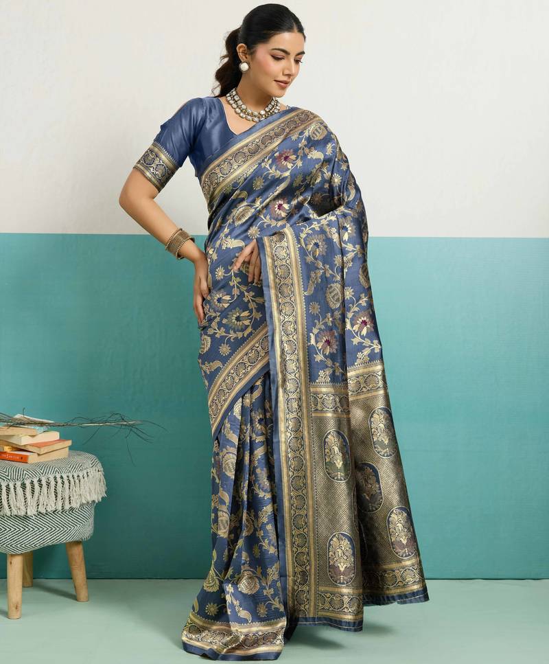 Grey banarasi art silk blend zari woven saree with unstitched blouse piece