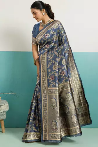Grey banarasi art silk blend zari woven saree with unstitched blouse piece