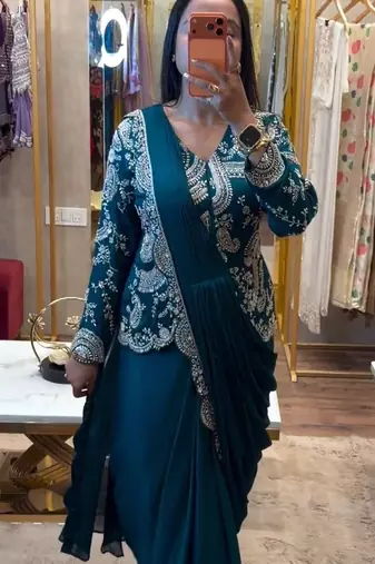 teal embroidery chinon silk ready to wear saree