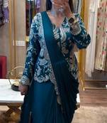 teal embroidery chinon silk ready to wear saree