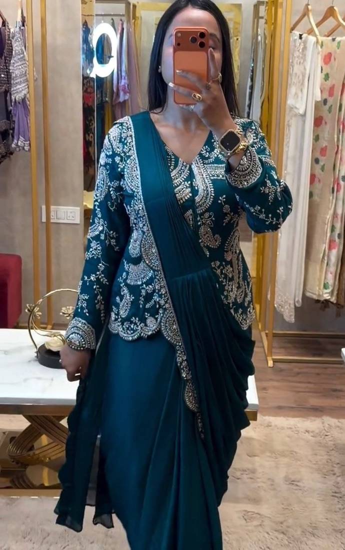 teal embroidery chinon silk ready to wear saree