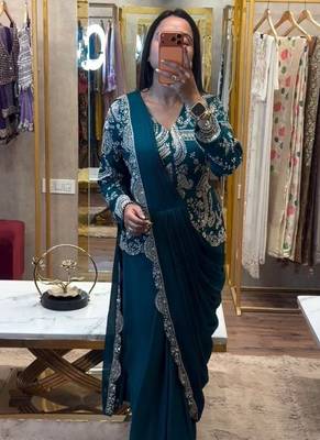 teal embroidery chinon silk ready to wear saree 2