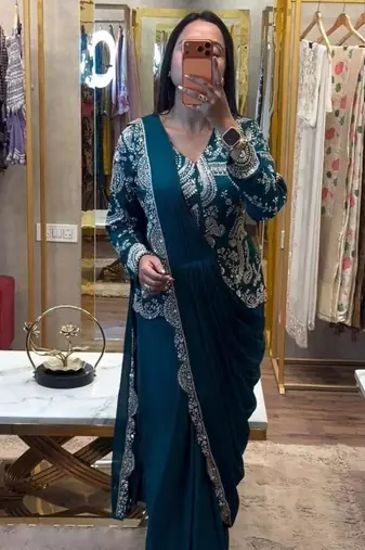 teal embroidery chinon silk ready to wear saree