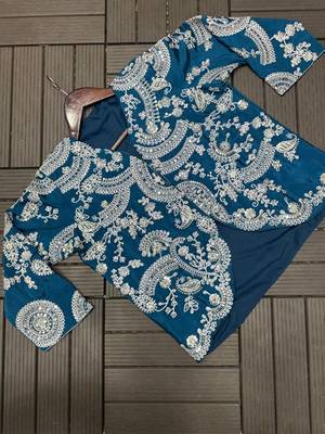 teal embroidery chinon silk ready to wear saree 4
