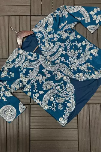 teal embroidery chinon silk ready to wear saree