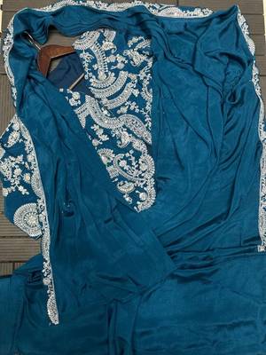 teal embroidery chinon silk ready to wear saree 5