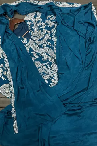 teal embroidery chinon silk ready to wear saree