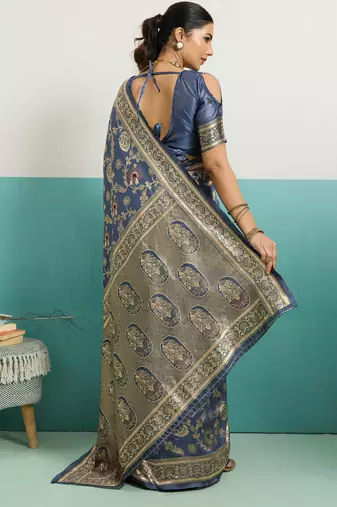 Grey banarasi art silk blend zari woven saree with unstitched blouse piece